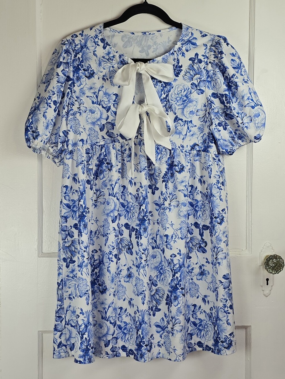 Shein Blue and White Woven Floral Tie Front Babydoll Coquette Dress M